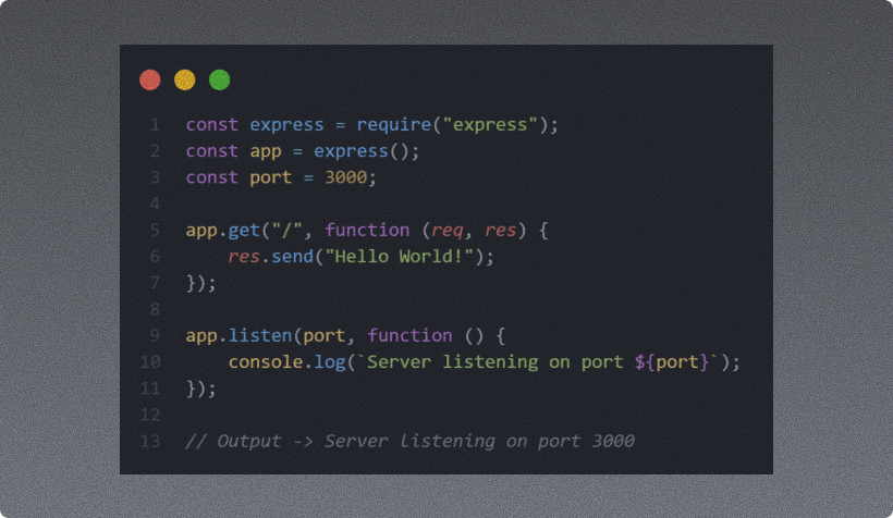 Tela de computador exibindo código JavaScript com um servidor Express em execução